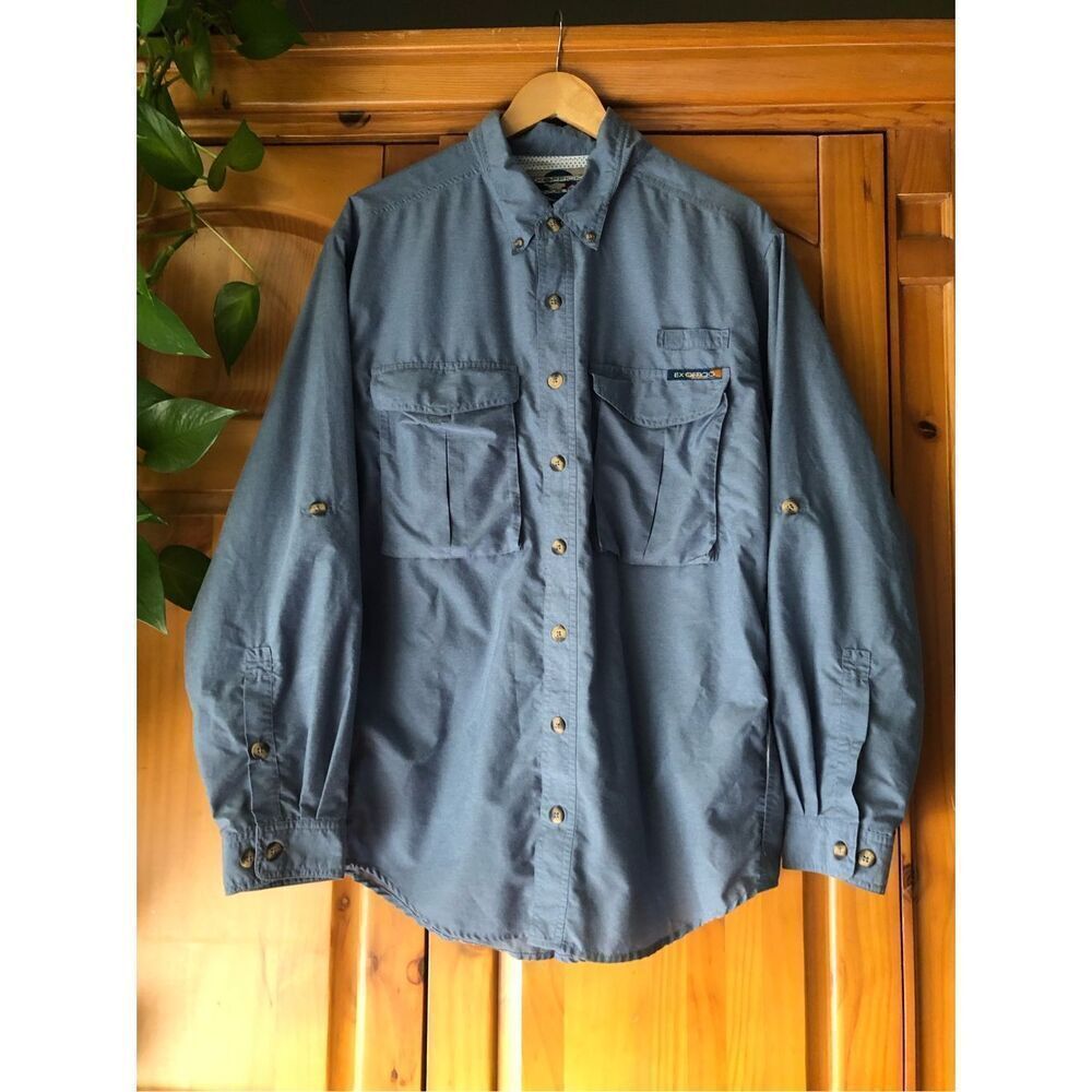 ExOfficio Roll Tab Long Sleeve Shirt  Blue Zip Pockets Vented SZ L